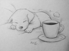 a pencil drawing of a puppy sleeping next to a cup of coffee on a saucer