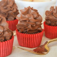 chocolate cupcakes with frosting on red paper lined up next to a gold spoon