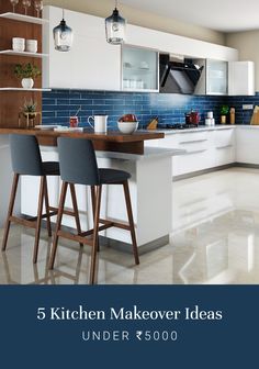 kitchen makeover ideas under $ 5000 with blue backsplash and white cabinets