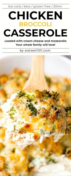 chicken broccoli casserole with cream cheese and mozzarella in a white bowl