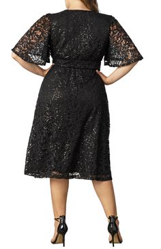 Sparkle at your next soirée in our Starry Sequined Lace Cocktail Dress. This party dress features a flattering surplice neckline, flirty flutter sleeves and a graceful A-line silhouette. This sparkly little outfit even has a surprise element - pockets! -Material: Self: 90% Nylon, 10% Spandex/Lining: 100% Polyester -Care Instructions: We recommend machine washing inside out in cold water on the gentle cycle. Do not bleach. Lay flat to dry. Cool iron when needed. -Product Fit: A-Line Product Speci Flare Cocktail Dress, Plus Size Sequin Dresses, Curvy Wedding, Fit And Flare Cocktail Dress, Lace Cocktail Dress, Little Outfits, Weekend Wardrobe, Cocktail Dress Lace, Plus Size Dress