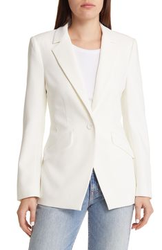 Chic for the office or the weekend, this one-button blazer exudes sophisticated style with smooth stretch fabric and a slighlty oversized fit. 28" length (size Medium) Notched lapels 63% polyester, 32% rayon, 5% elastane Dry clean Imported Chic Structured Office Blazer, Sleek Single Button Spring Blazer, Chic Sport Coat With Lapel Collar For Work, Chic Notch Lapel Sport Coat For Office, Chic Office Sport Coat With Notch Lapel, Chic Tailored Sport Coat For Office, Modern Structured Single Button Blazer, Chic Semi-formal Blazer With Pressed Crease, Modern Structured Single-button Blazer