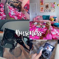 a collage of photos with the words business on it and an image of a woman in a pink dress holding a camera