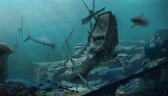 an underwater scene with shark and ship wrecks