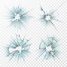 four broken glass pieces on a transparent background