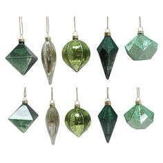 twelve green glass christmas ornaments hanging from gold - colored corded hooks, each with an ornament in the shape of a diamond