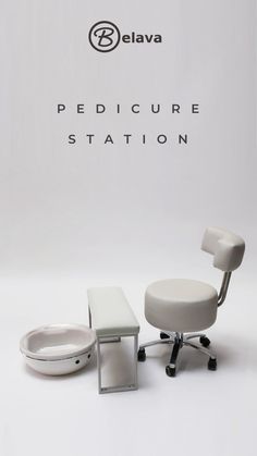 the pedicure station is designed to look like an office chair with wheels and footrests