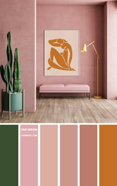 a living room with pink walls and wood flooring in shades of peach, green, brown