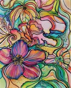 an abstract painting with flowers and swirls on the bottom half of its image is multicolored