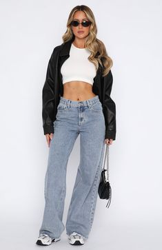 The Call You Mine Mid Rise Wide Leg Jeans Mid Blue. Head online and shop this season's latest styles at White Fox. Express delivery and AfterPay available. Mid Rise Jeans Outfit Aesthetic, Mid Rise Jeans Outfit, White Crop Top Outfit, Casual Dinner Outfits, Dinner Outfit Casual, Pu Jacket, White Fox Boutique, Crop Top Outfits, Girl Fits