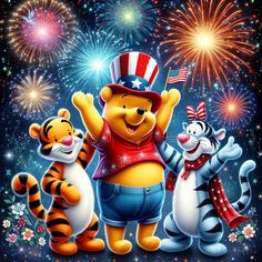 winnie the pooh, tigger and tigger are standing in front of fireworks