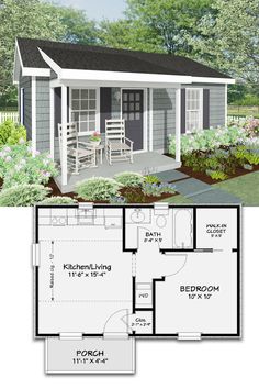 the floor plan for a small house with an attached porch and covered patio, is shown