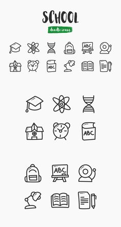 the back to school icons are shown in black and white, with green lettering on them