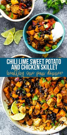 two bowls filled with chili lime sweet potato and chicken skillet, along with the title text overlay