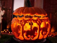 a carved pumpkin sitting on top of a table