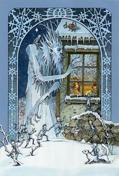 an illustration of a woman standing in front of a window with snow on the ground