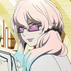 an anime character with pink hair and glasses looking at the camera while holding a cell phone