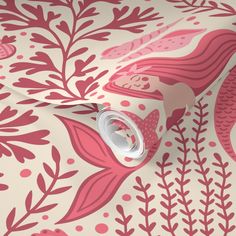 a pink and white wallpaper with fish on it