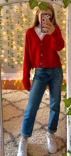 Outfit Ideas Red Sweater, Bright Red Shirt Outfit, Red Sweater Blue Jeans Outfit, Bright Red Top Outfit, Tommyinnit Outfit Ideas, Target Uniform Ideas Outfits, Target Work Outfit Red And Jeans, Cute Target Employee Outfits, Jeans And Red Top Outfit