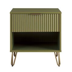 a green nightstand with metal legs and a drawer