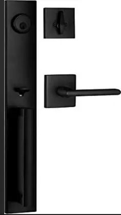 an open door handle on the side of a black door