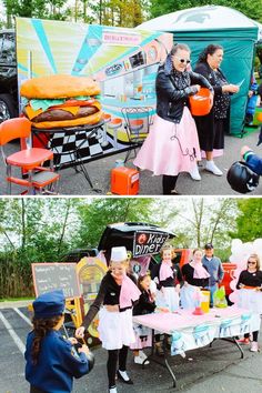 two pictures of people standing in front of a table with food and drinks on it