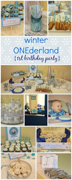 a baby's first birthday party with blue and white decorations