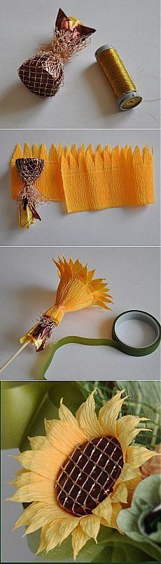 three pictures showing how to make sunflowers out of yarn and duct tape with scissors