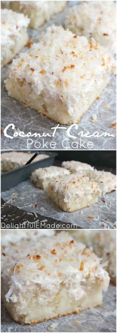 coconut cream poke cake recipe is shown in three different pictures, including the top and bottom