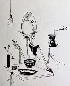 a drawing of a table with bowls and utensils