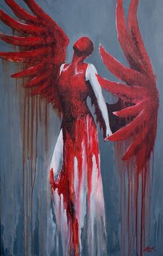 a painting of an angel with blood dripping all over it's body and wings