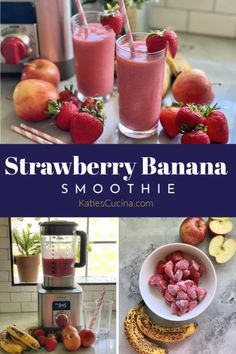 strawberry banana smoothie with fresh fruit in the background and text overlay that reads, strawberry banana smoothie smoothie