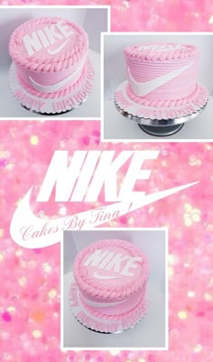 pink cake with white nike logo on top and the words cakes by time below it