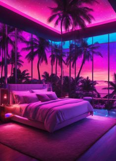 a bedroom with palm trees in the background and purple lights on the ceiling above it