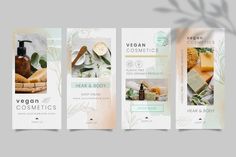 three vertical banners for vegan cosmetics with images of soaps, scrubs and flowers