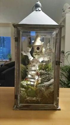 an old fashioned lantern with moss growing inside