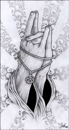 a drawing of a hand with a chain around it's wrist and two skulls in the background