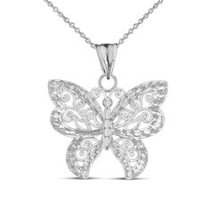 PRICES MAY VARY. An intricate handmade women's jewelry with a beautiful pattern winged butterfly in a filigree and sparkle-cut design pendant necklace. With its elegant and stunning statement of simplicity, style and balance, this charm is an excellent addition for your jewelry collection. This silver butterfly charm has a noticeably impressive high polish allure dangling from its dainty yet durable solid gold chain necklace. Finely handcrafted with authentic 925 sterling silver in stunning deta Pendant Butterfly, Butterfly White, Platinum Bracelet, Necklace Butterfly, Filigree Necklaces, Butterfly Pendant Necklace, Filigree Pendant, Sterling Silver Filigree, Charm Pendant Necklace