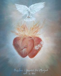 a painting of two hearts with wings and the words, peace is in the air