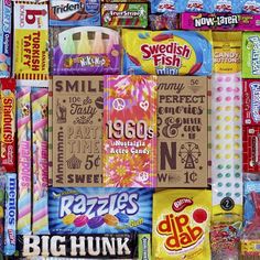 many different types of candy are stacked together