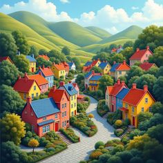 a painting of houses in the middle of a hilly area with trees and hills behind them