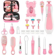 the contents of a children's manicure set are shown in pink and white