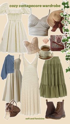 earthy garden style clothes, made up of green and warm cream tones. Earth Color Outfits Women, Neutral Earthy Tones Outfits, Hobbit Fashion Inspired Outfits, Earthy Tones Clothes, Earthy Cottagecore Outfits, Outfits For Ireland In May, Earth Tone Color Palette Outfit, Nature Core Outfits, Earth Tone Outfits Aesthetic