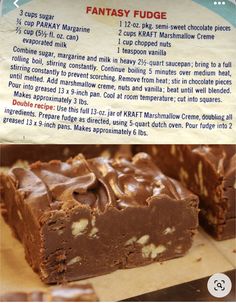 a recipe for fudge brownies with chocolate frosting on top, and instructions to make it