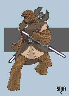 a star wars character holding two swords