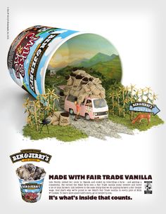 an advertisement for the ice cream company, featuring a pink van and cornfield scene