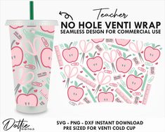 a pink cup with an apple pattern on it and the words no hole vent wrap