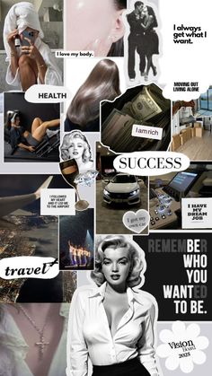 a collage of photos with words and pictures on them that say success, be who you want to be