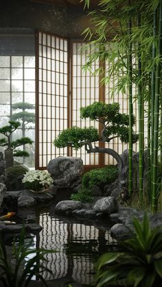 a bonsai tree in the middle of a pond surrounded by rocks and bamboo trees