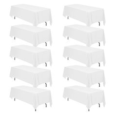 six white tablecloths with metal hooks on them